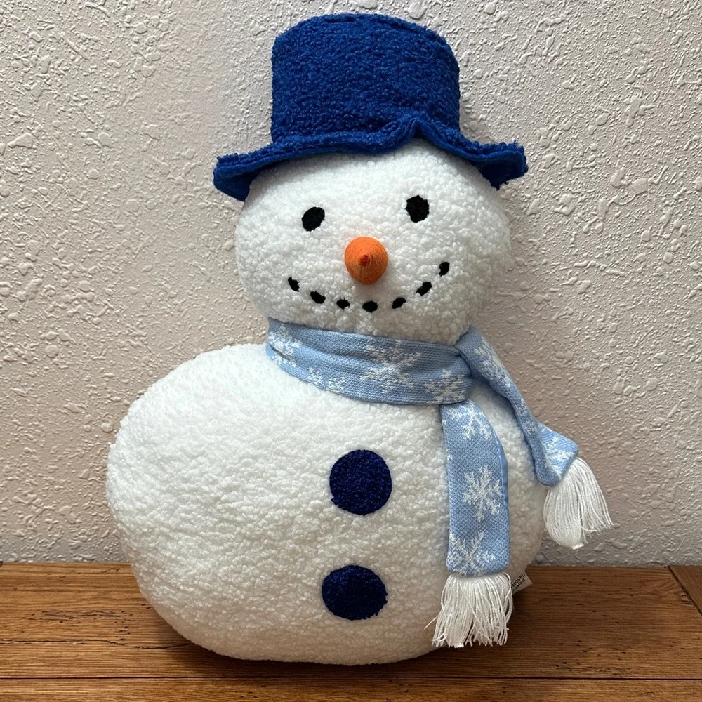 Festive Snowman Pillow with Blue Hat and Scarf